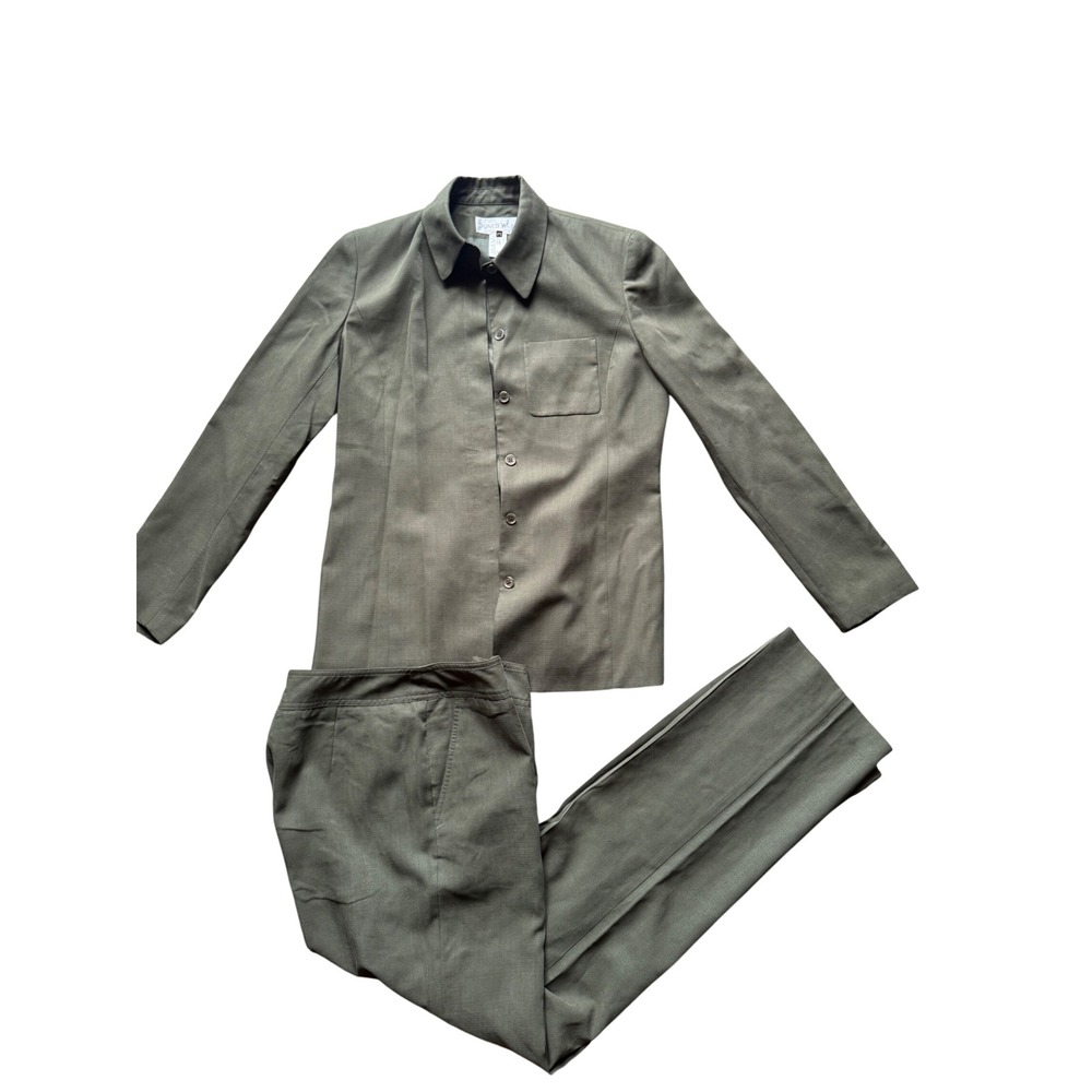 Jones Wear Vintage Olive Green Two Piece Pant Suit Set Size 8 Button Front